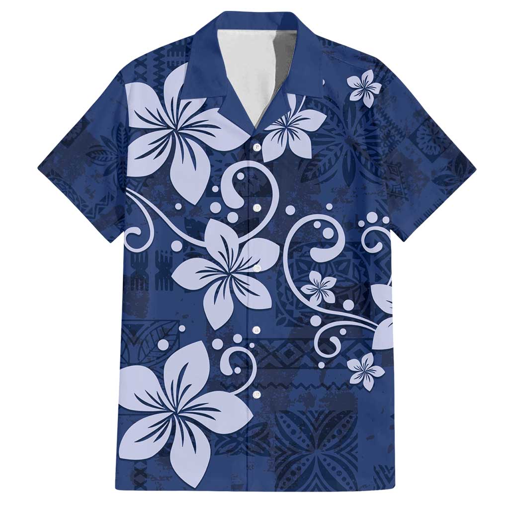 Plumeria Floral Tapa Pattern Navy Blue Family Matching Tank Maxi Dress and Hawaiian Shirt