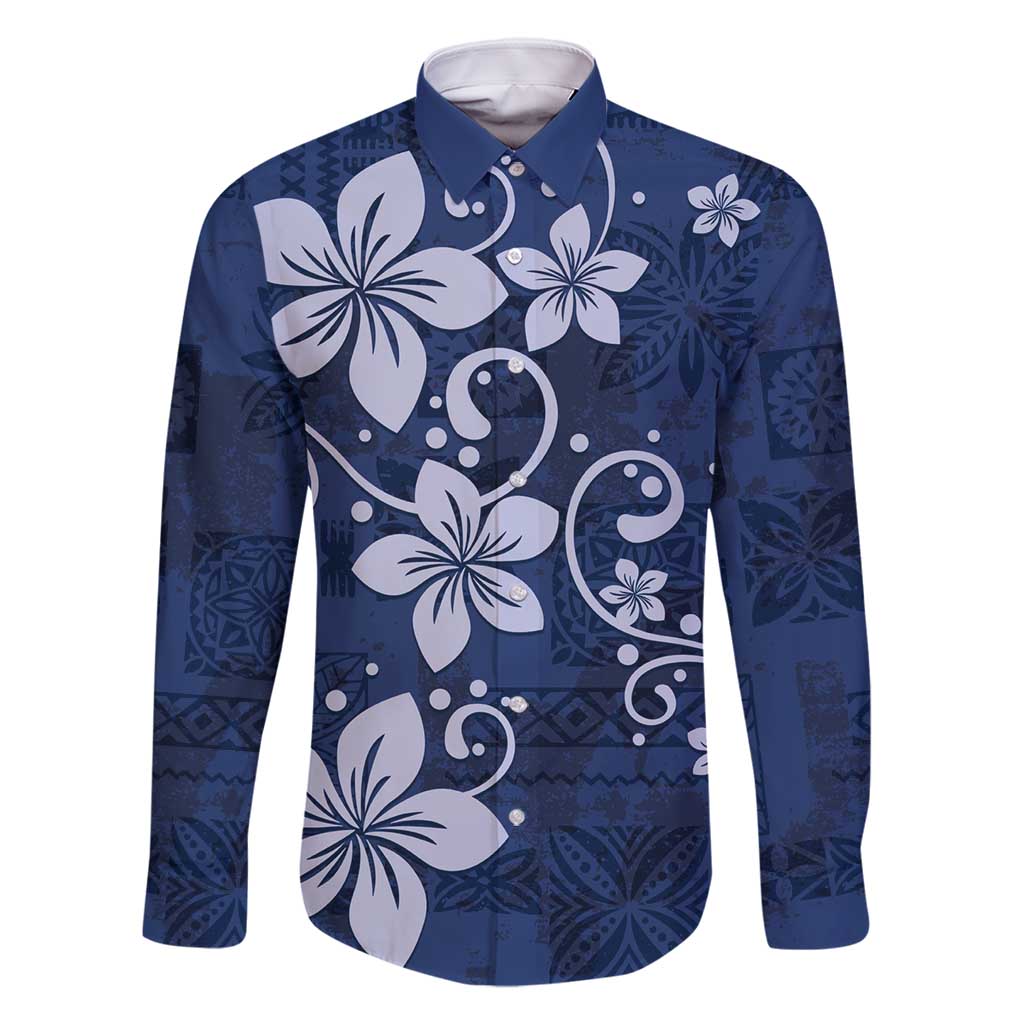 Plumeria Floral Tapa Pattern Navy Blue Family Matching Tank Maxi Dress and Hawaiian Shirt