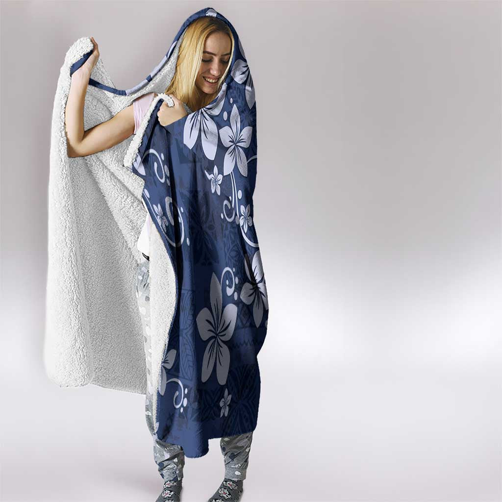 Plumeria Floral Tapa Pattern Navy Blue Hooded Blanket