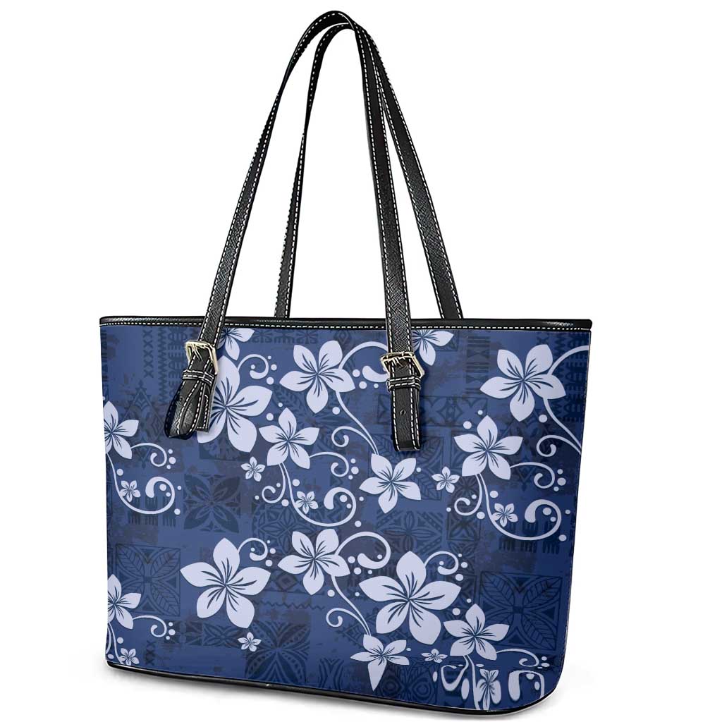 Plumeria Floral Tapa Pattern Navy Blue Leather Tote Bag