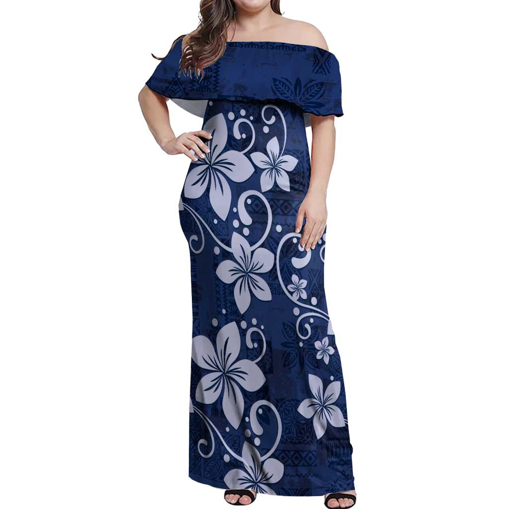 Plumeria Floral Tapa Pattern Navy Blue Off Shoulder Maxi Dress