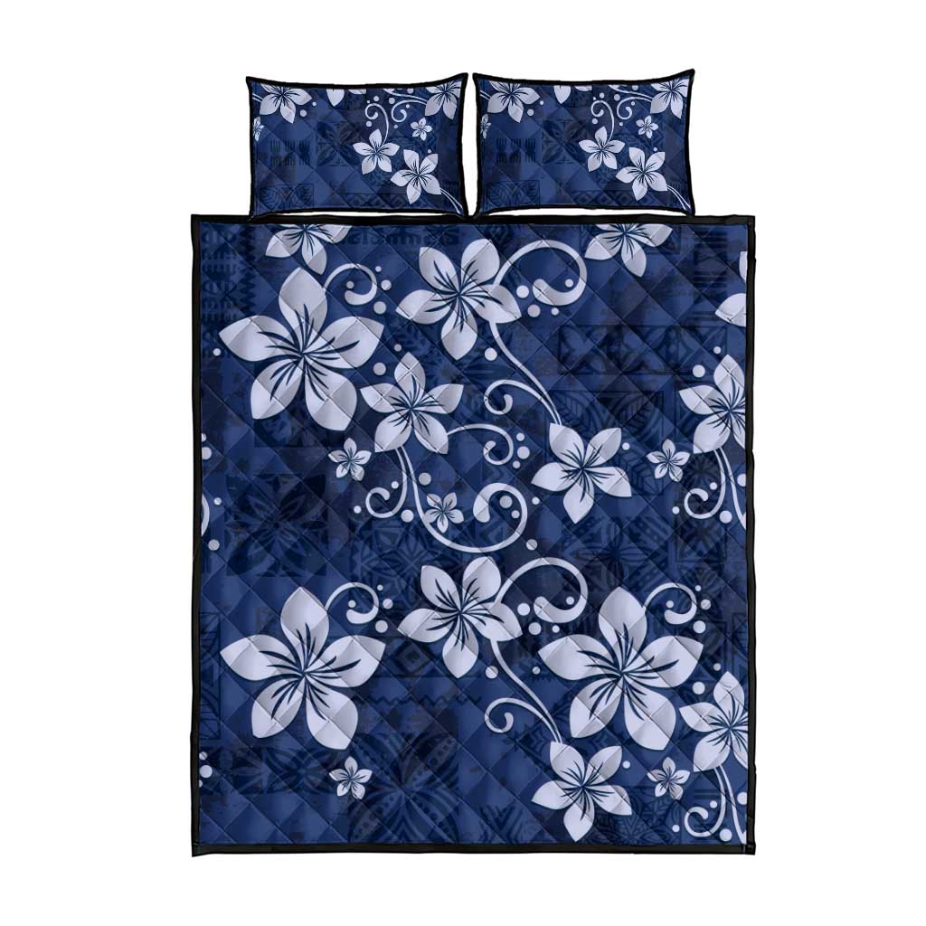 Plumeria Floral Tapa Pattern Navy Blue Quilt Bed Set