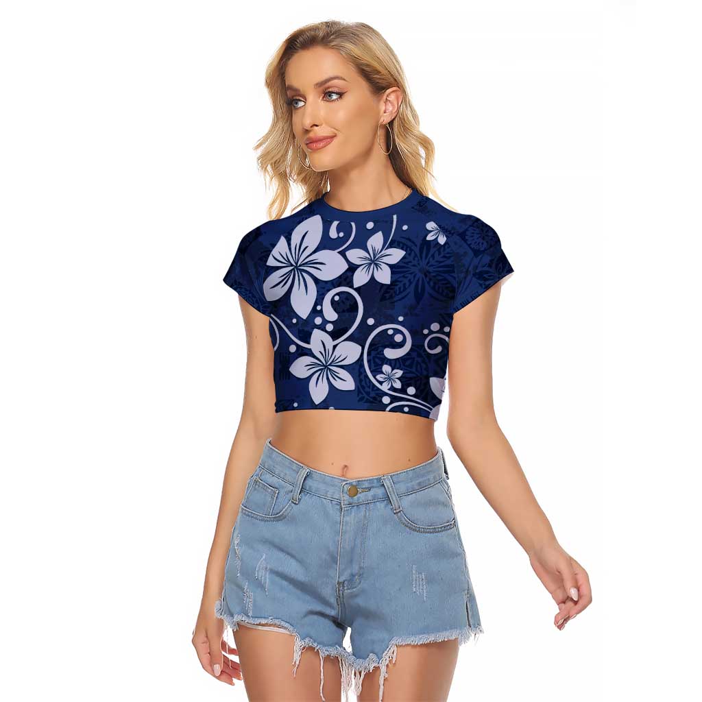 Plumeria Floral Tapa Pattern Navy Blue Raglan Cropped T Shirt