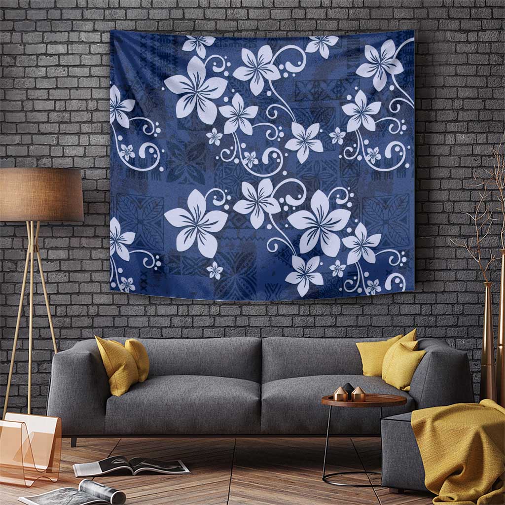 Plumeria Floral Tapa Pattern Navy Blue Tapestry