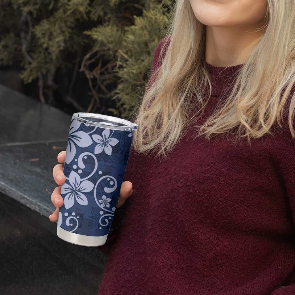 Plumeria Floral Tapa Pattern Navy Blue Tumbler Cup