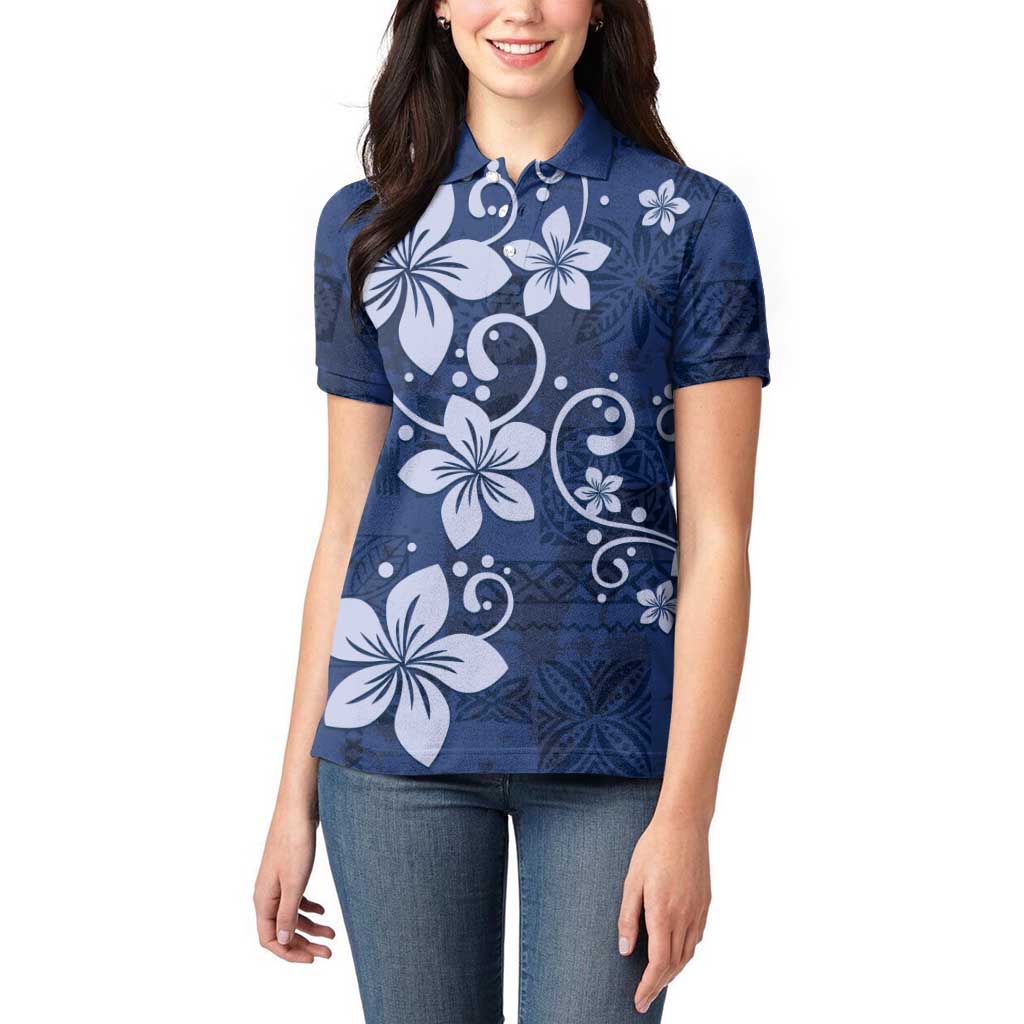 Plumeria Floral Tapa Pattern Navy Blue Women Polo Shirt