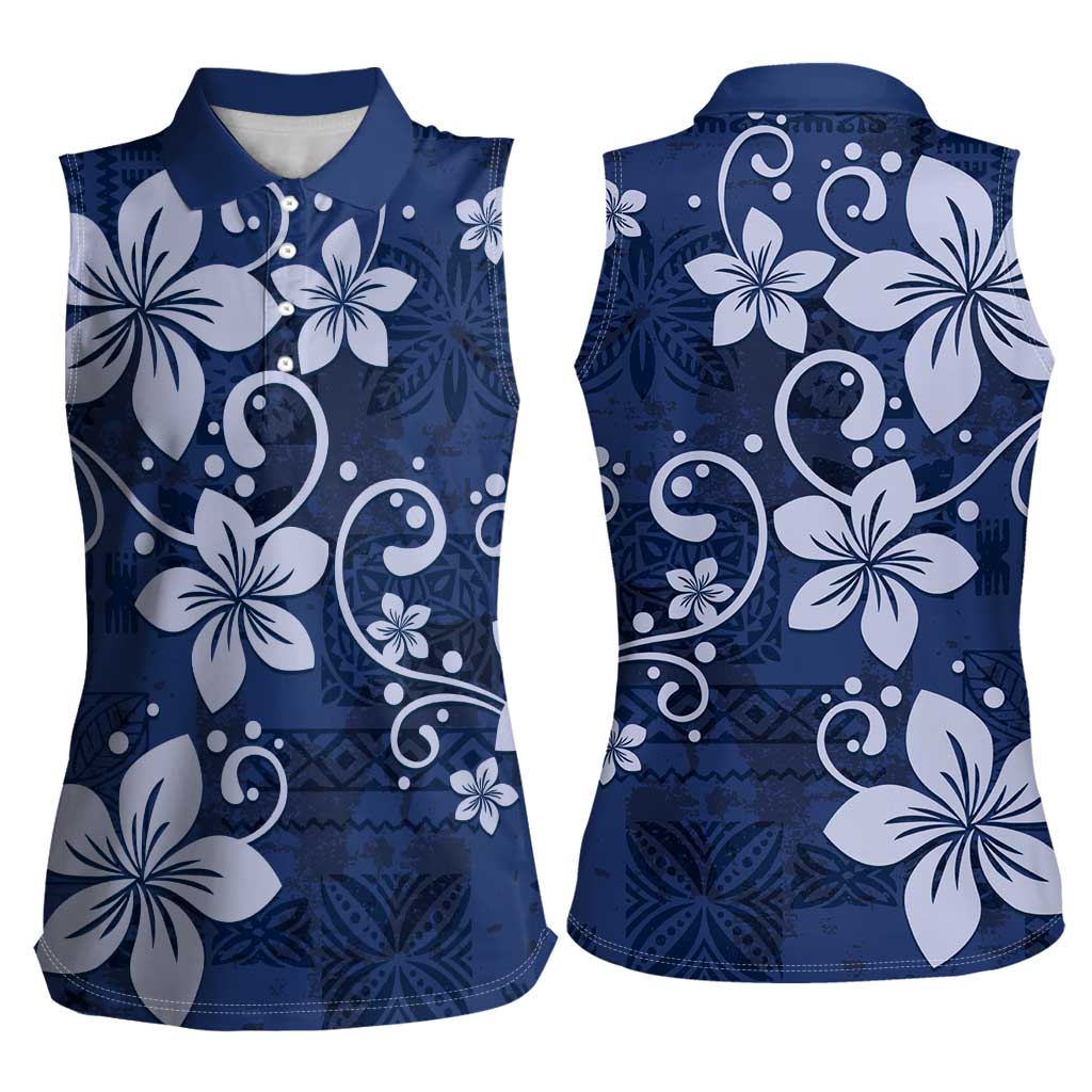 Plumeria Floral Tapa Pattern Navy Blue Women Sleeveless Polo Shirt