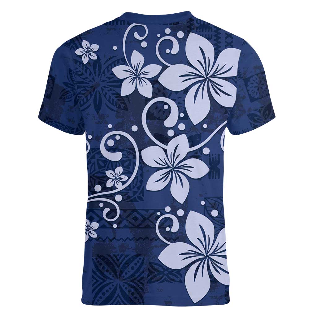 Plumeria Floral Tapa Pattern Navy Blue Women V-Neck T-Shirt