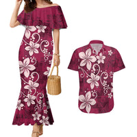 Plumeria Floral Tapa Pattern Ruby Pink Couples Matching Mermaid Dress and Hawaiian Shirt LT01 Pink - Polynesian Pride
