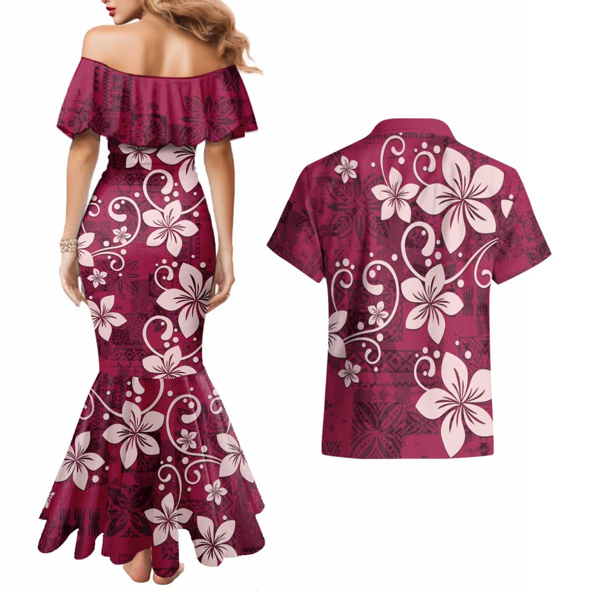 Plumeria Floral Tapa Pattern Ruby Pink Couples Matching Mermaid Dress and Hawaiian Shirt LT01 - Polynesian Pride