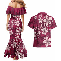 Plumeria Floral Tapa Pattern Ruby Pink Couples Matching Mermaid Dress and Hawaiian Shirt LT01 - Polynesian Pride