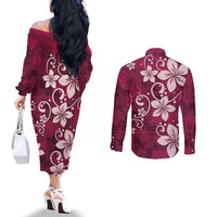 Plumeria Floral Tapa Pattern Ruby Pink Couples Matching Off The Shoulder Long Sleeve Dress and Long Sleeve Button Shirt LT01 - Polynesian Pride