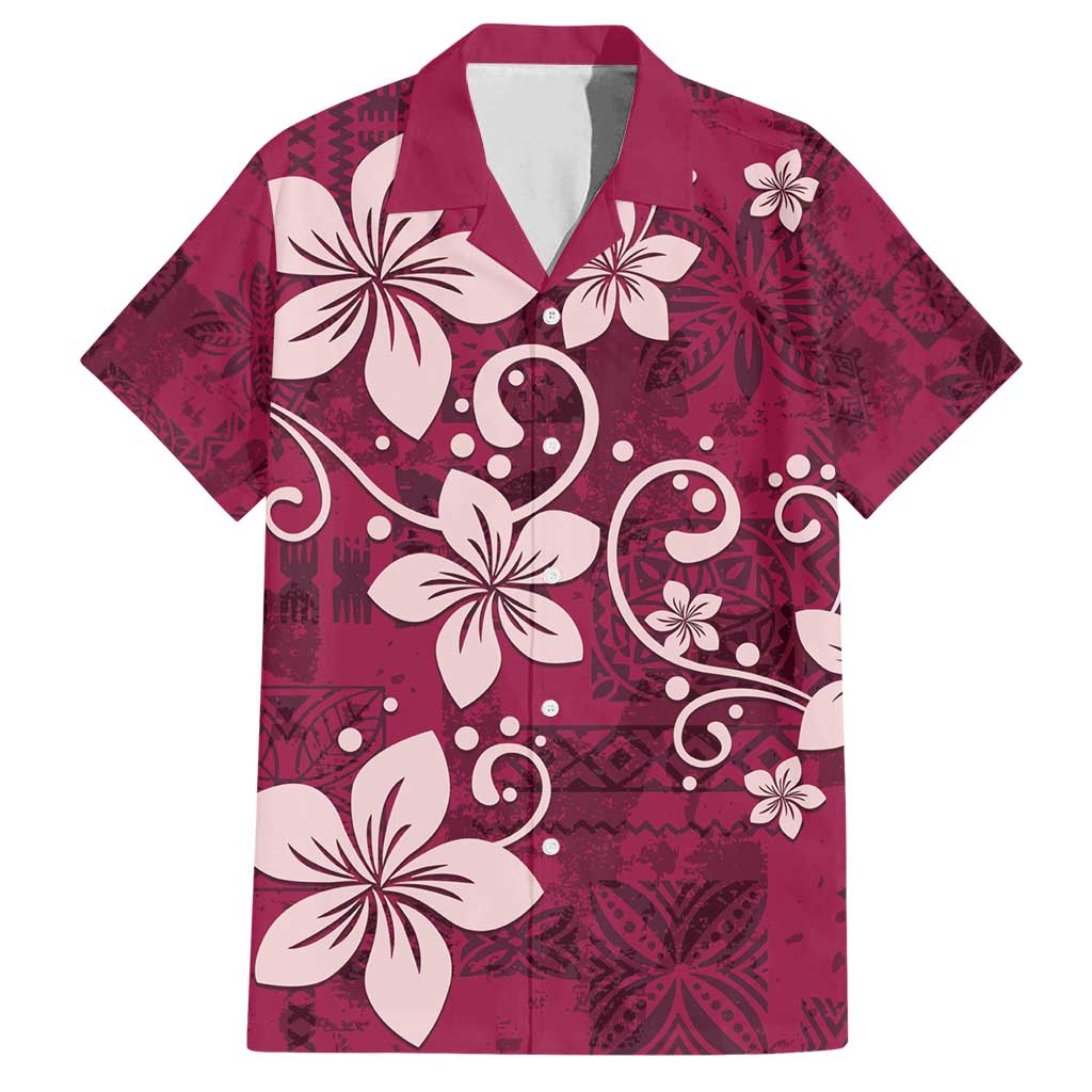Plumeria Floral Tapa Pattern Ruby Pink Family Matching Long Sleeve Bodycon Dress and Hawaiian Shirt
