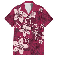 Plumeria Floral Tapa Pattern Ruby Pink Family Matching Long Sleeve Bodycon Dress and Hawaiian Shirt