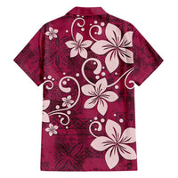 Plumeria Floral Tapa Pattern Ruby Pink Family Matching Long Sleeve Bodycon Dress and Hawaiian Shirt