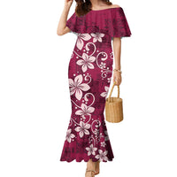 Plumeria Floral Tapa Pattern Ruby Pink Family Matching Mermaid Dress and Hawaiian Shirt
