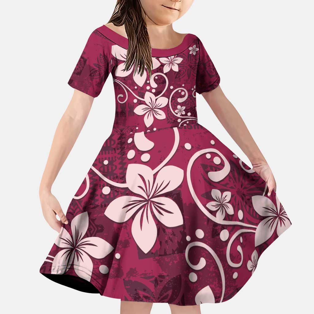 Plumeria Floral Tapa Pattern Ruby Pink Family Matching Puletasi and Hawaiian Shirt LT01 Daughter's Dress Pink - Polynesian Pride