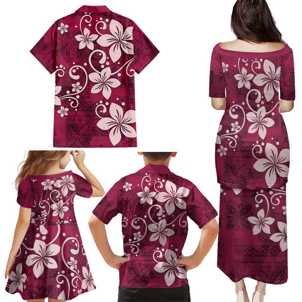 Plumeria Floral Tapa Pattern Ruby Pink Family Matching Puletasi and Hawaiian Shirt LT01 - Polynesian Pride