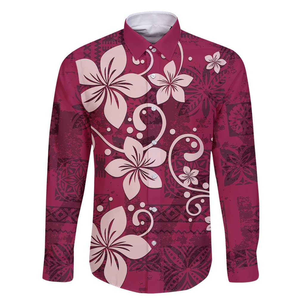 Plumeria Floral Tapa Pattern Ruby Pink Family Matching Puletasi and Hawaiian Shirt LT01 Dad's Shirt - Long Sleeve Pink - Polynesian Pride