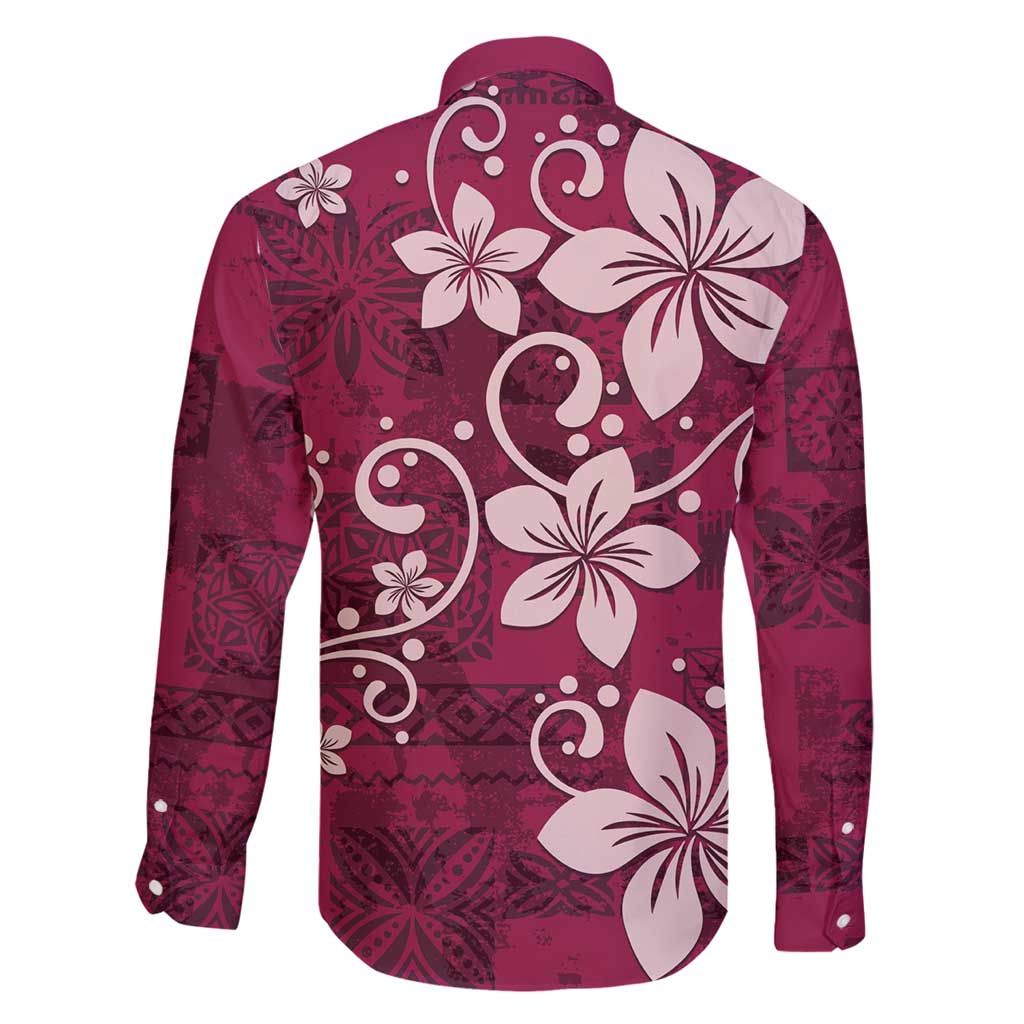 Plumeria Floral Tapa Pattern Ruby Pink Family Matching Tank Maxi Dress and Hawaiian Shirt