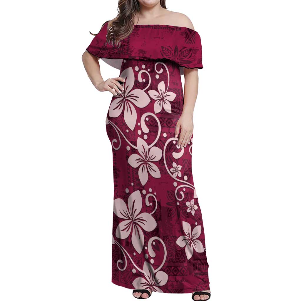 Plumeria Floral Tapa Pattern Ruby Pink Off Shoulder Maxi Dress
