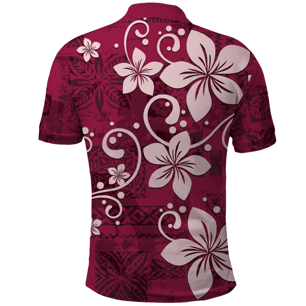Plumeria Floral Tapa Pattern Ruby Pink Polo Shirt