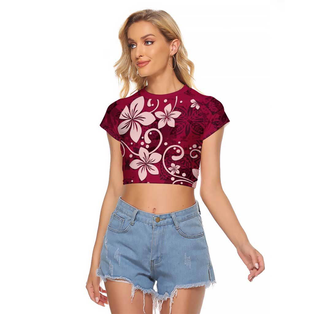 Plumeria Floral Tapa Pattern Ruby Pink Raglan Cropped T Shirt
