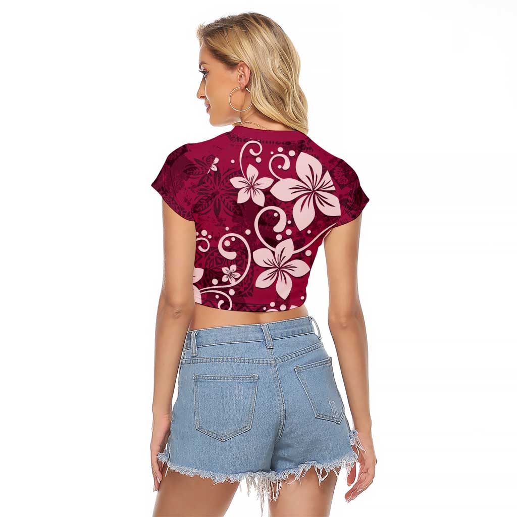 Plumeria Floral Tapa Pattern Ruby Pink Raglan Cropped T Shirt