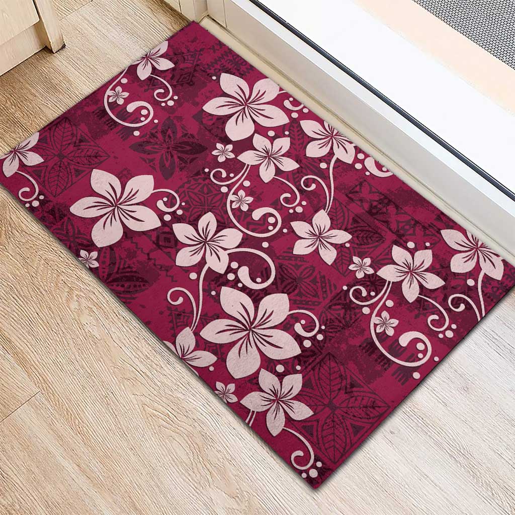 Plumeria Floral Tapa Pattern Ruby Pink Rubber Doormat