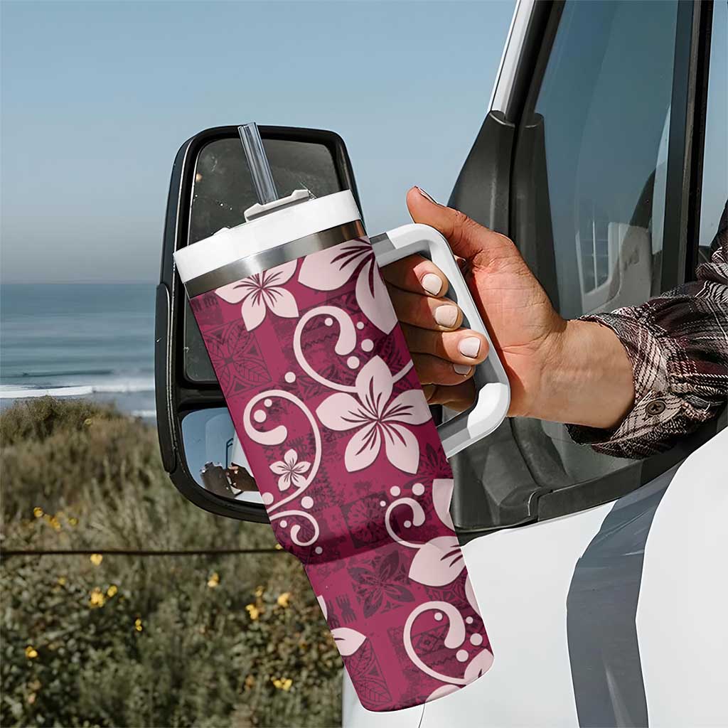 Plumeria Floral Tapa Pattern Ruby Pink Tumbler With Handle