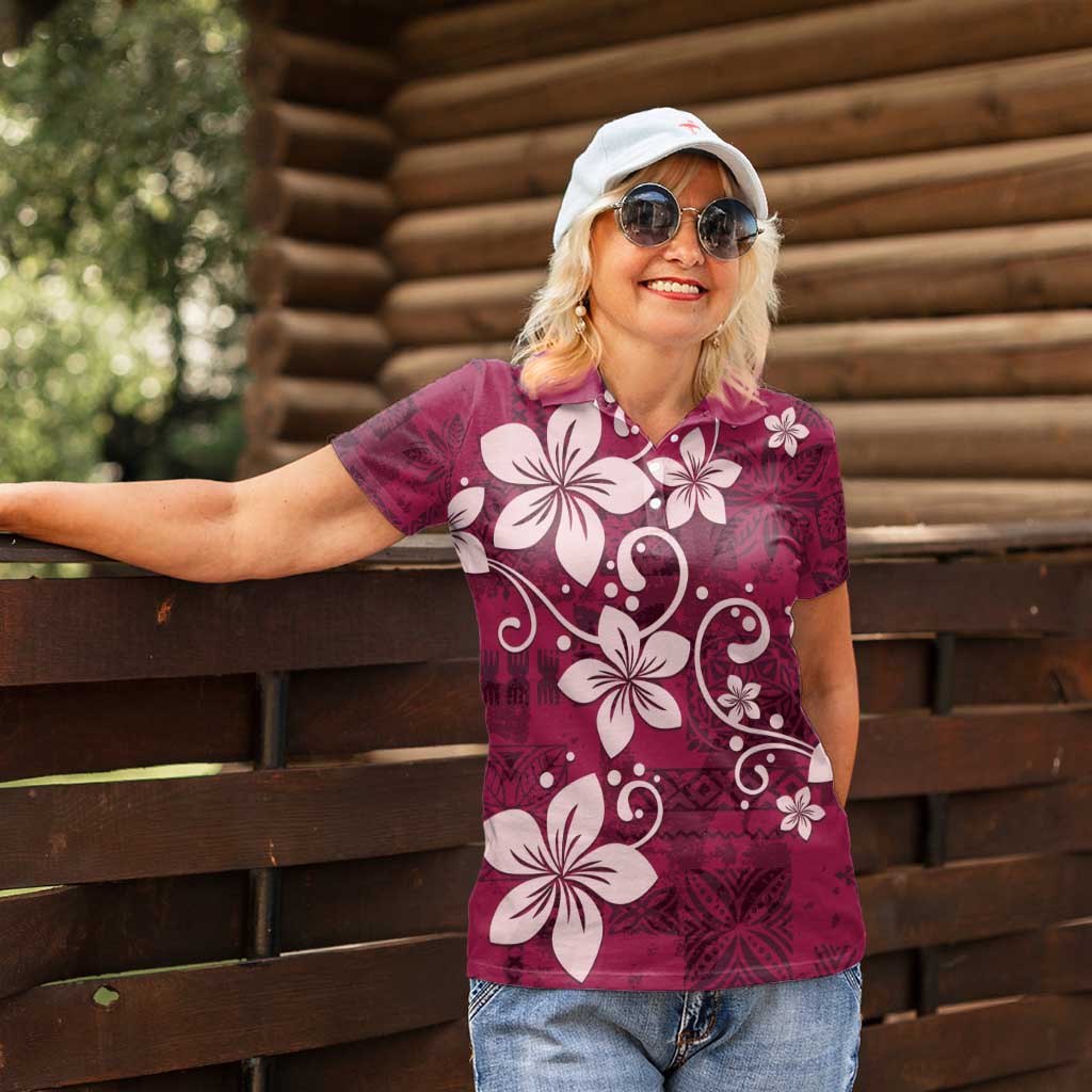 Plumeria Floral Tapa Pattern Ruby Pink Women Polo Shirt