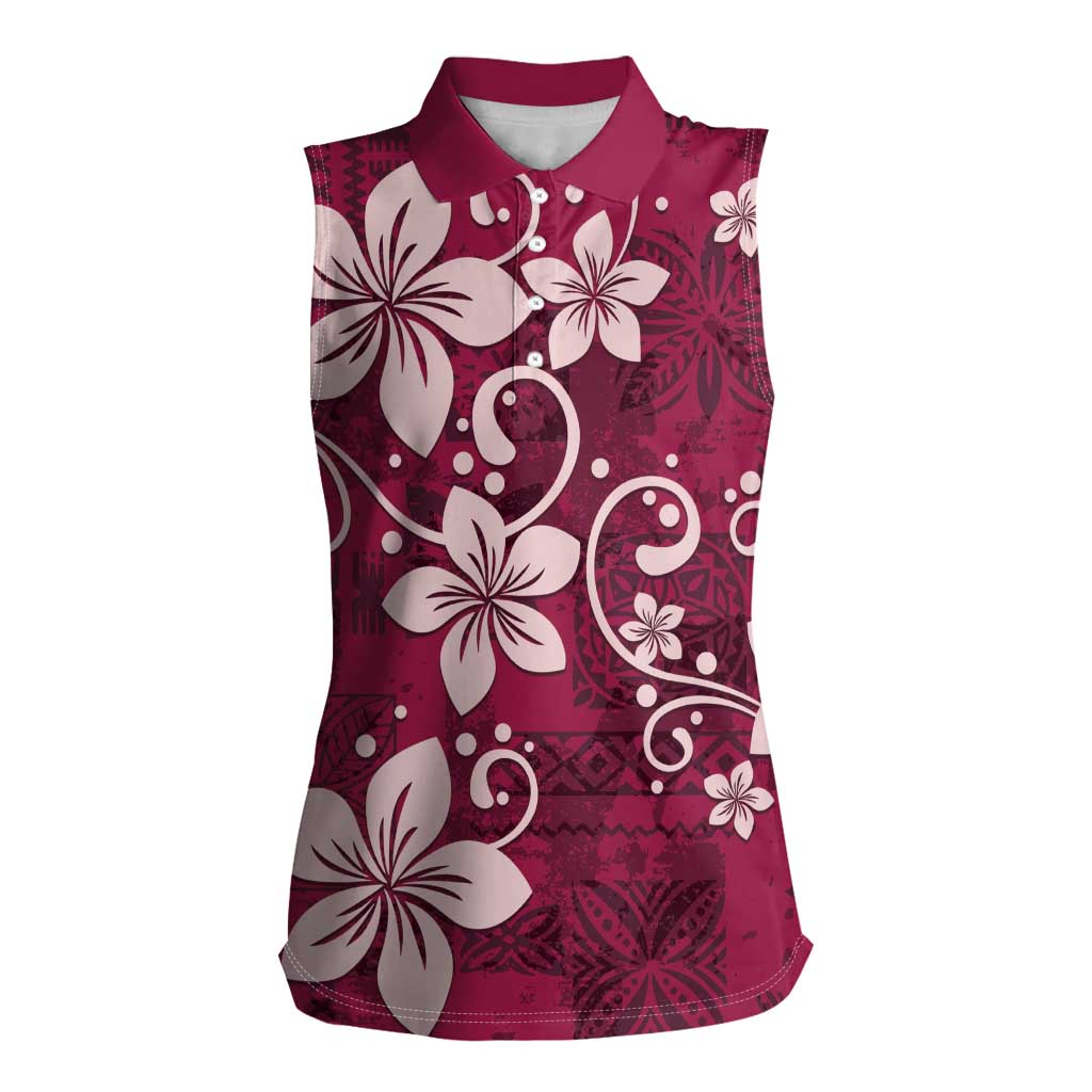 Plumeria Floral Tapa Pattern Ruby Pink Women Sleeveless Polo Shirt