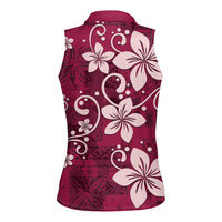 Plumeria Floral Tapa Pattern Ruby Pink Women Sleeveless Polo Shirt