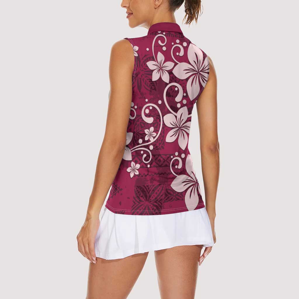 Plumeria Floral Tapa Pattern Ruby Pink Women Sleeveless Polo Shirt