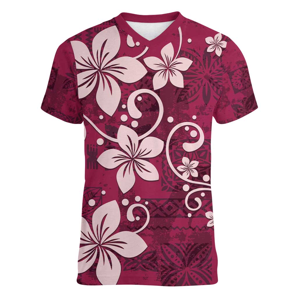 Plumeria Floral Tapa Pattern Ruby Pink Women V-Neck T-Shirt