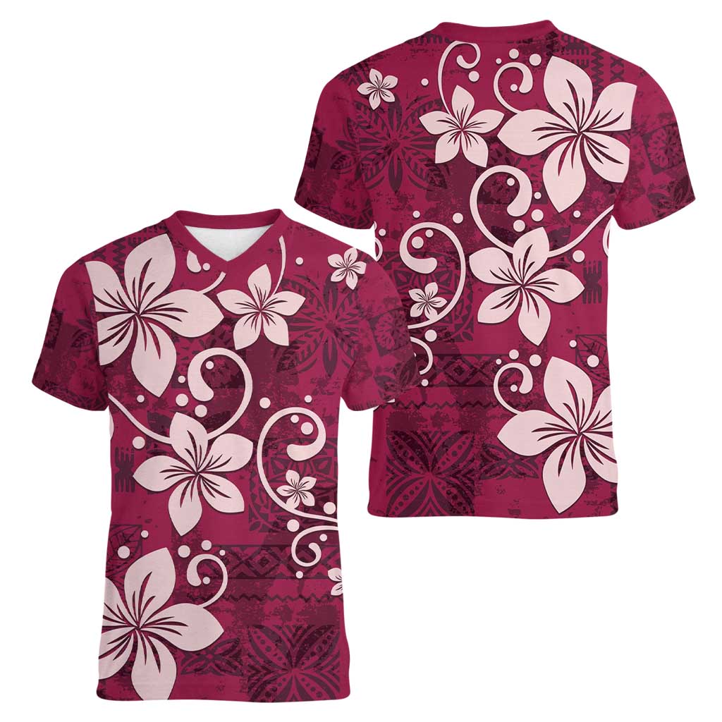Plumeria Floral Tapa Pattern Ruby Pink Women V-Neck T-Shirt