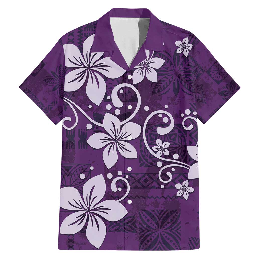 Plumeria Floral Tapa Pattern Amethyst Purple Family Matching Mermaid Dress and Hawaiian Shirt LT01 Dad's Shirt - Short Sleeve Purple - Polynesian Pride