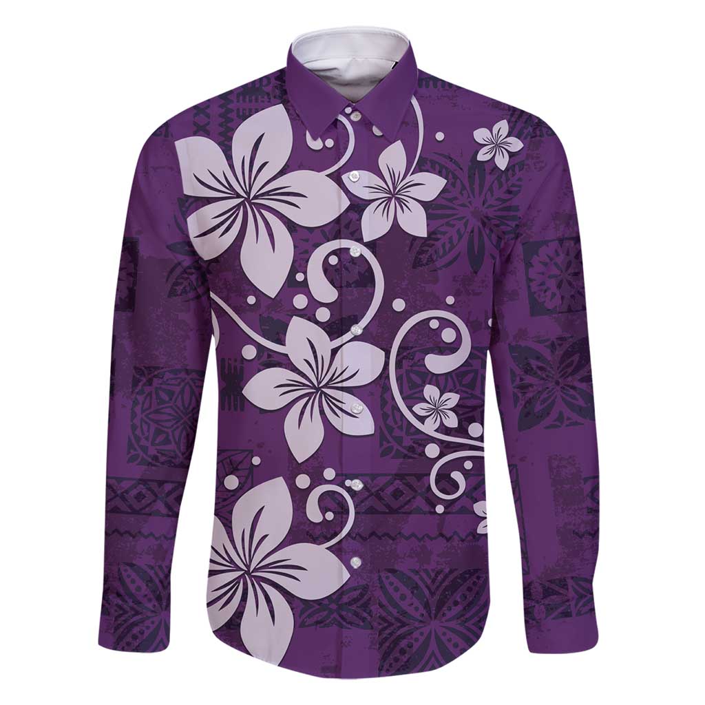 Plumeria Floral Tapa Pattern Amethyst Purple Family Matching Mermaid Dress and Hawaiian Shirt LT01 Dad's Shirt - Long Sleeve Purple - Polynesian Pride
