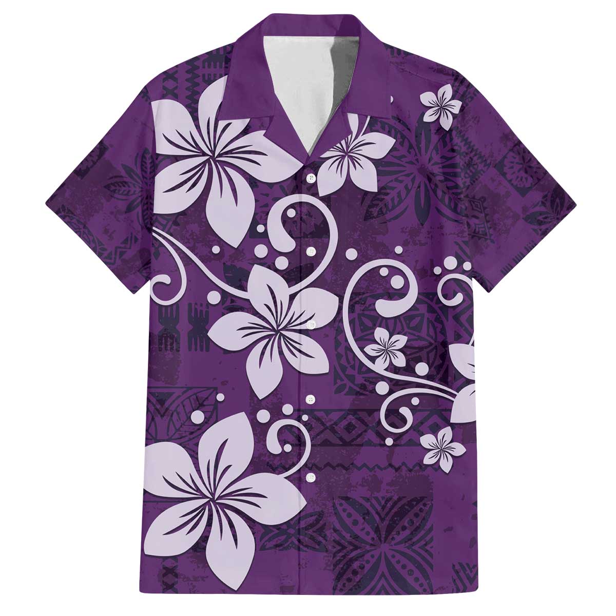 Plumeria Floral Tapa Pattern Amethyst Purple Family Matching Off The Shoulder Long Sleeve Dress and Hawaiian Shirt LT01 Dad's Shirt - Short Sleeve Purple - Polynesian Pride