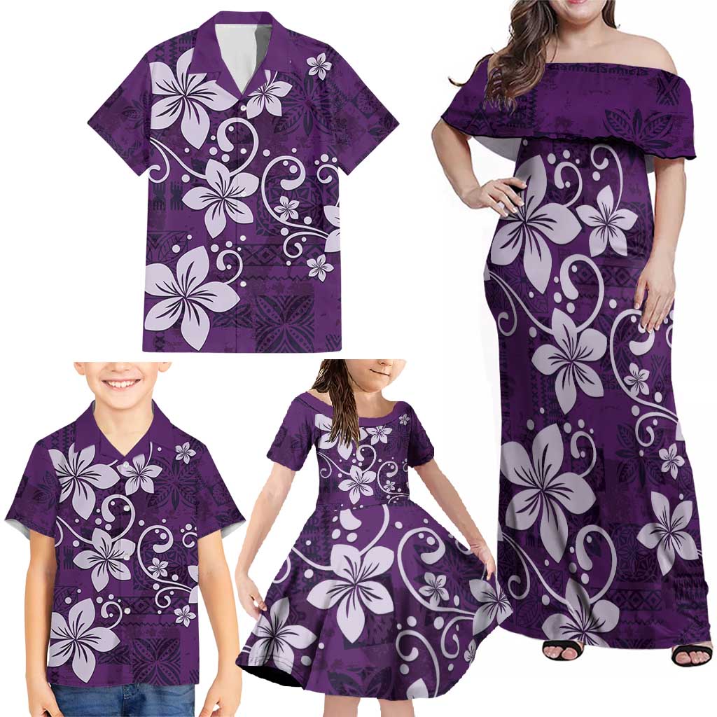 Plumeria Floral Tapa Pattern Amethyst Purple Family Matching Off Shoulder Maxi Dress and Hawaiian Shirt LT01 - Polynesian Pride