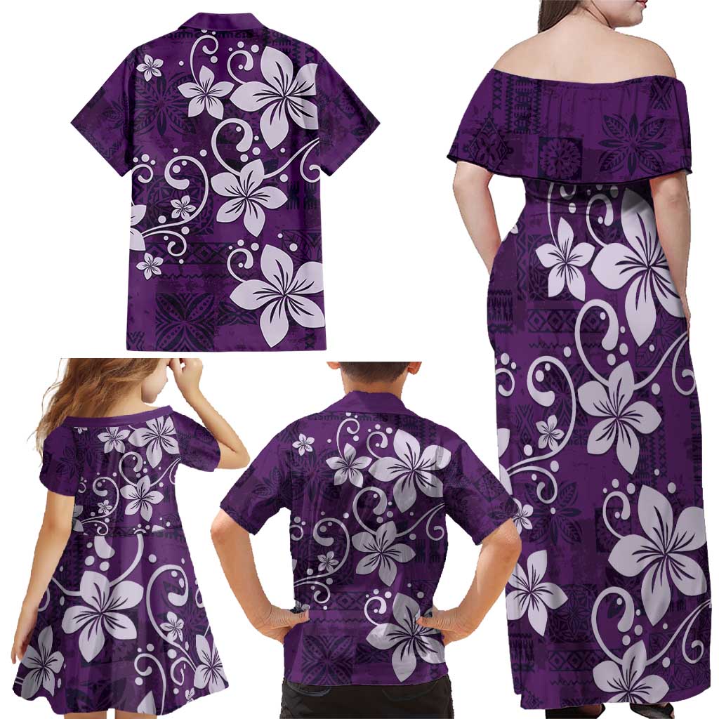 Plumeria Floral Tapa Pattern Amethyst Purple Family Matching Off Shoulder Maxi Dress and Hawaiian Shirt LT01 - Polynesian Pride