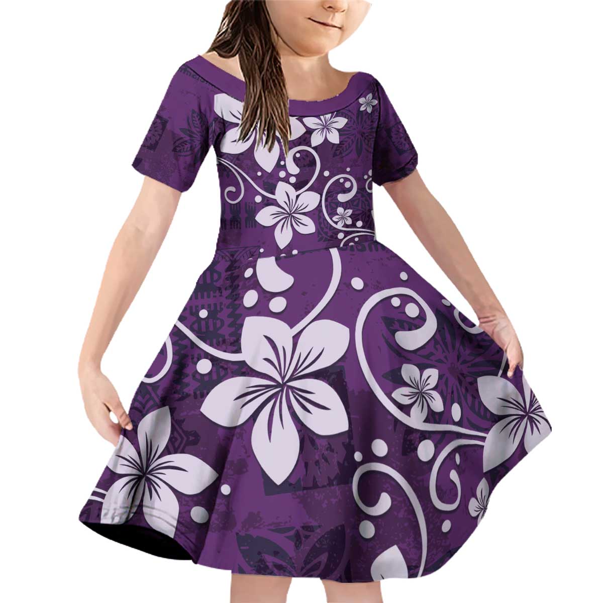 Plumeria Floral Tapa Pattern Amethyst Purple Family Matching Off Shoulder Short Dress and Hawaiian Shirt LT01 Daughter's Dress Purple - Polynesian Pride