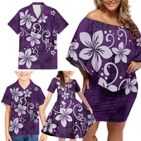 Plumeria Floral Tapa Pattern Amethyst Purple Family Matching Off Shoulder Short Dress and Hawaiian Shirt LT01 - Polynesian Pride