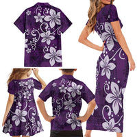 Plumeria Floral Tapa Pattern Amethyst Purple Family Matching Short Sleeve Bodycon Dress and Hawaiian Shirt LT01 - Polynesian Pride