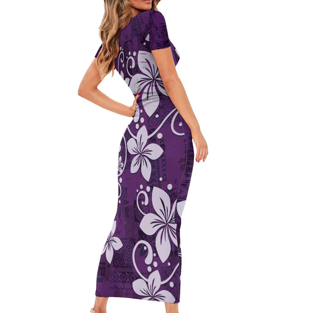 Plumeria Floral Tapa Pattern Amethyst Purple Family Matching Short Sleeve Bodycon Dress and Hawaiian Shirt LT01 - Polynesian Pride
