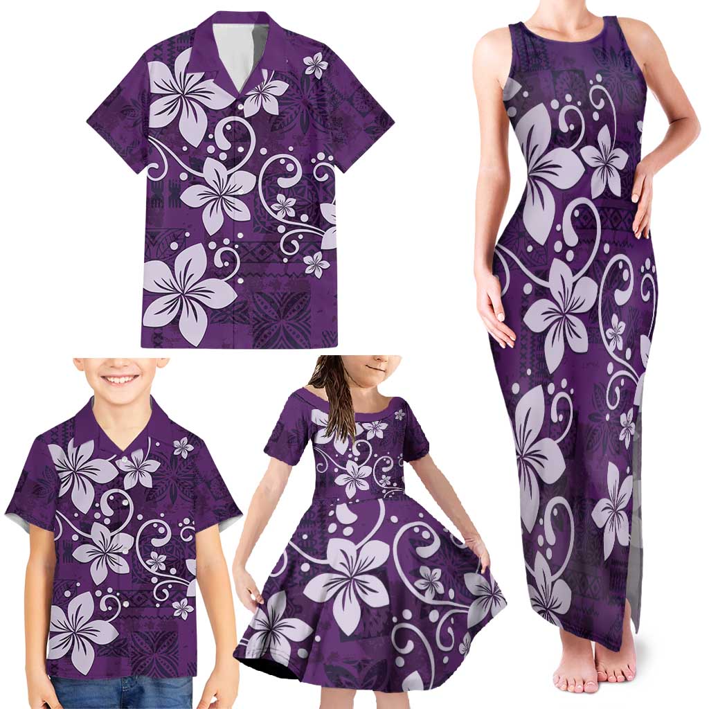 Plumeria Floral Tapa Pattern Amethyst Purple Family Matching Tank Maxi Dress and Hawaiian Shirt LT01 - Polynesian Pride