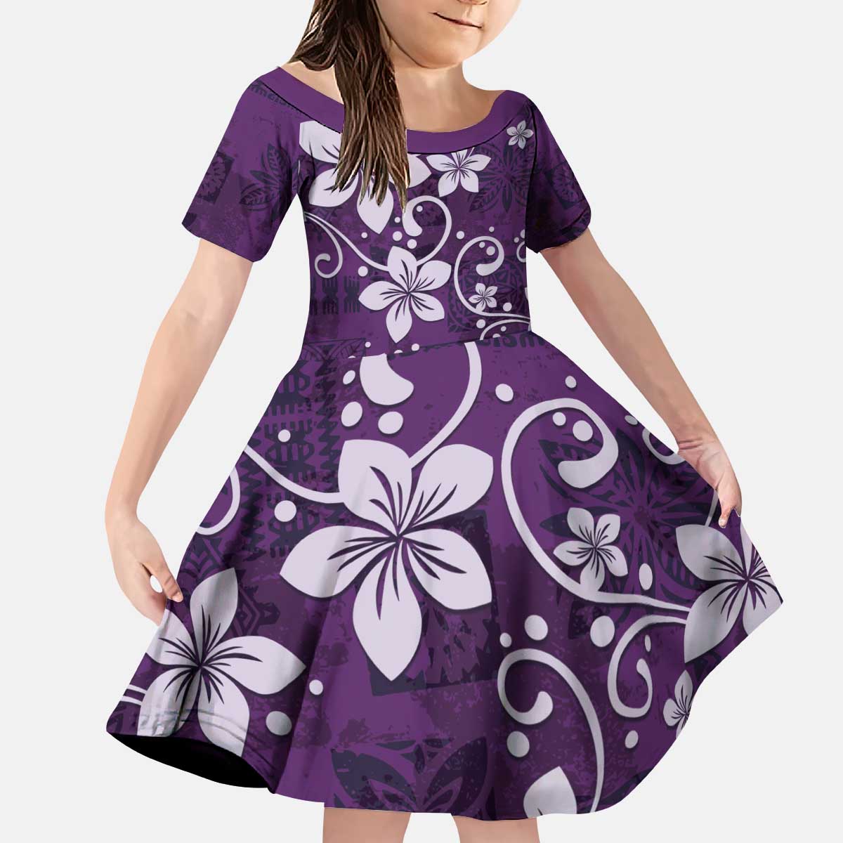 Plumeria Floral Tapa Pattern Amethyst Purple Kid Short Sleeve Dress