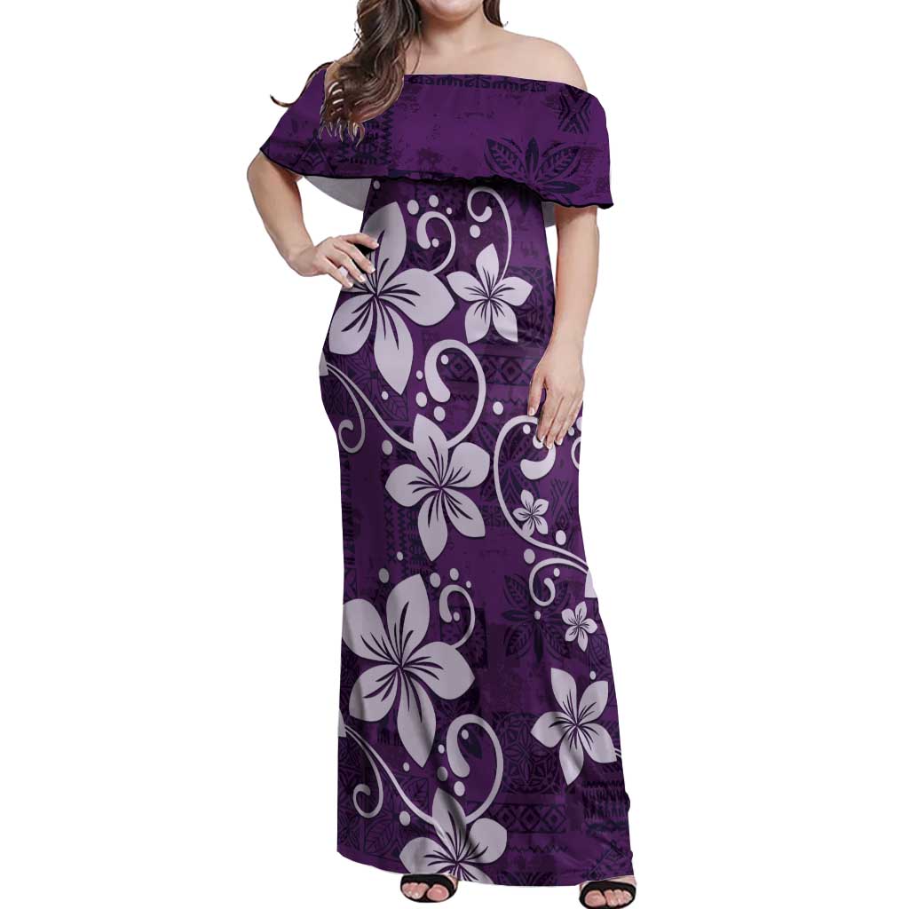 Plumeria Floral Tapa Pattern Amethyst Purple Off Shoulder Maxi Dress