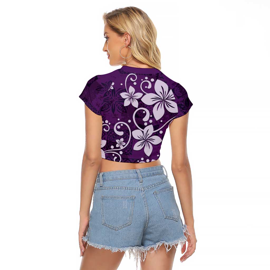 Plumeria Floral Tapa Pattern Amethyst Purple Raglan Cropped T Shirt