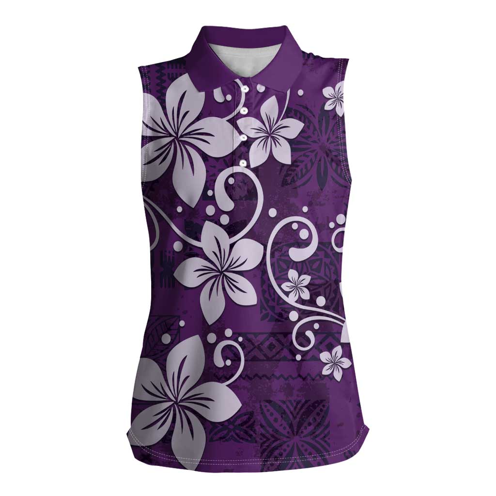 Plumeria Floral Tapa Pattern Amethyst Purple Women Sleeveless Polo Shirt